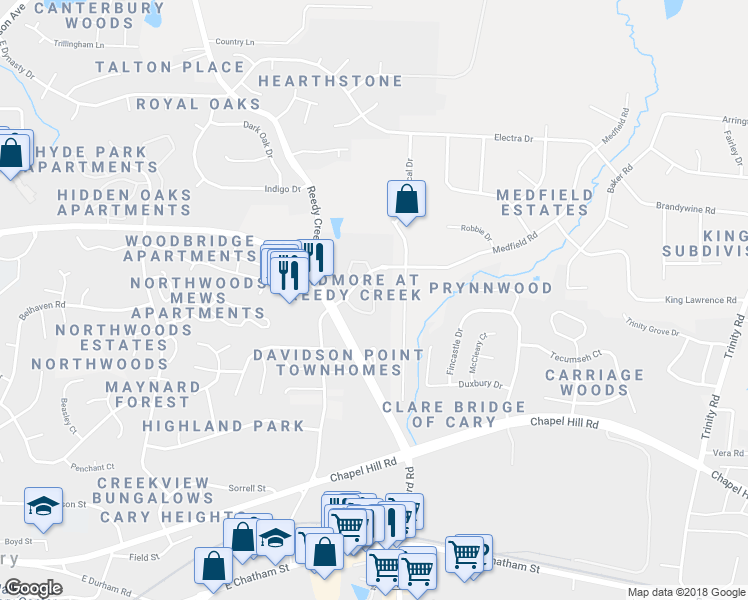 map of restaurants, bars, coffee shops, grocery stores, and more near Kylemore Circle in Cary