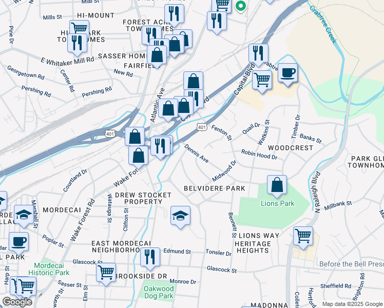 map of restaurants, bars, coffee shops, grocery stores, and more near 112 Dennis Avenue in Raleigh