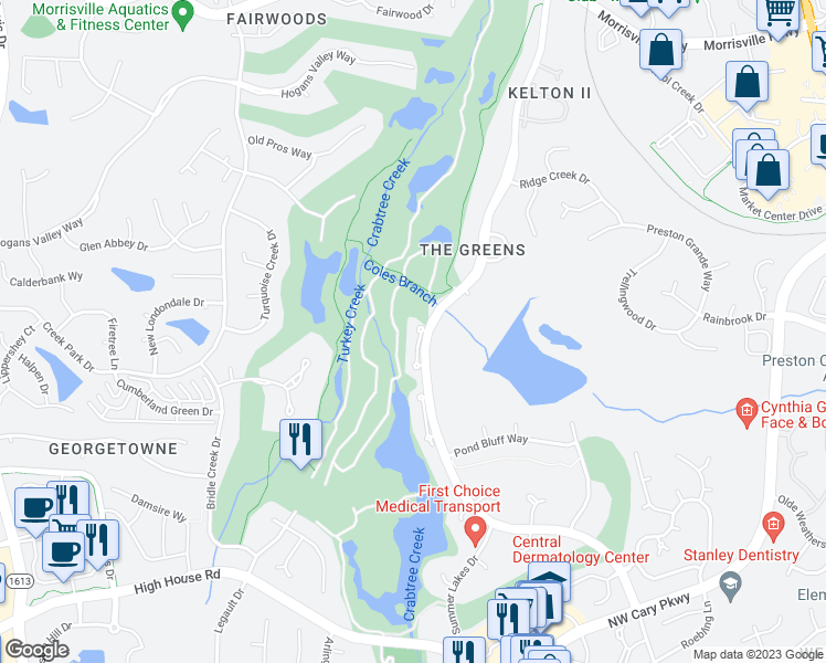 map of restaurants, bars, coffee shops, grocery stores, and more near 787 Crabtree Crossing Parkway in Cary