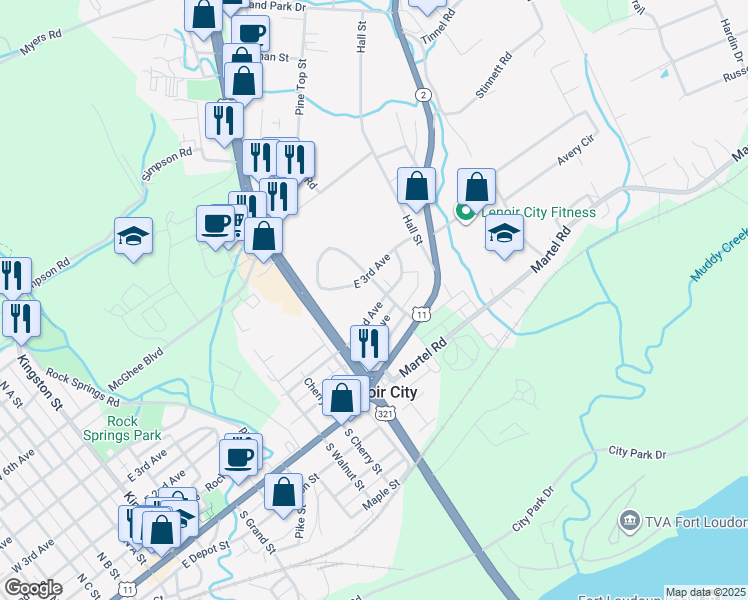 map of restaurants, bars, coffee shops, grocery stores, and more near 1209 East 2nd Avenue in Lenoir City