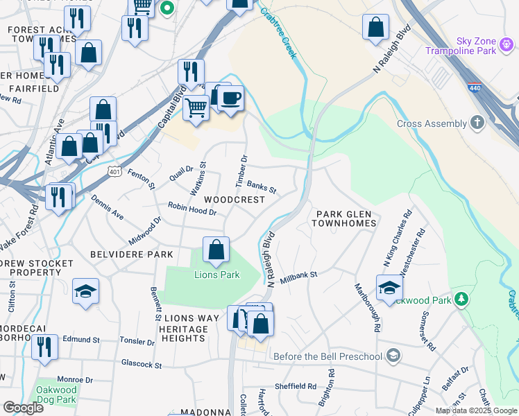 map of restaurants, bars, coffee shops, grocery stores, and more near 707 Dennis Avenue in Raleigh