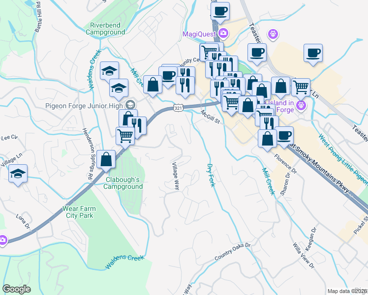 map of restaurants, bars, coffee shops, grocery stores, and more near 2661 Valley Heights Drive in Pigeon Forge