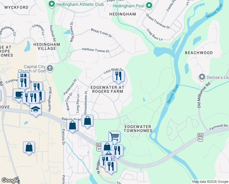 map of restaurants, bars, coffee shops, grocery stores, and more near 2423 Lazy River Drive in Raleigh