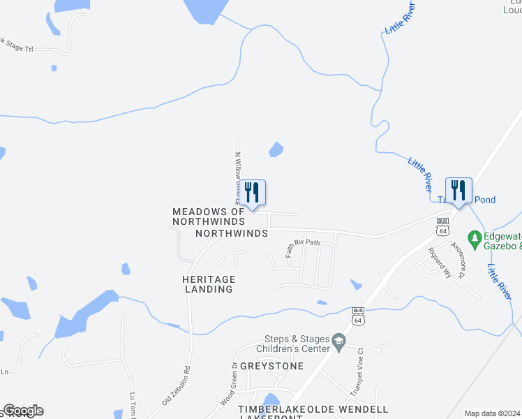 map of restaurants, bars, coffee shops, grocery stores, and more near 109 Northwinds North Drive in Wendell