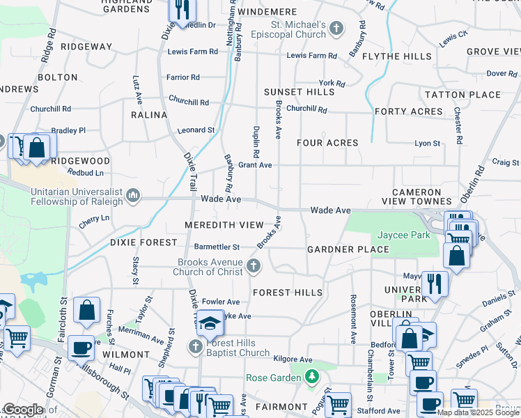 map of restaurants, bars, coffee shops, grocery stores, and more near 2801 Plumfield Place in Raleigh