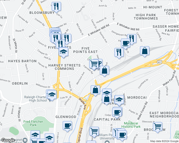 map of restaurants, bars, coffee shops, grocery stores, and more near 1401 Fairview Road in Raleigh