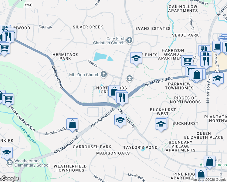 map of restaurants, bars, coffee shops, grocery stores, and more near 501 Ringleaf Court in Cary