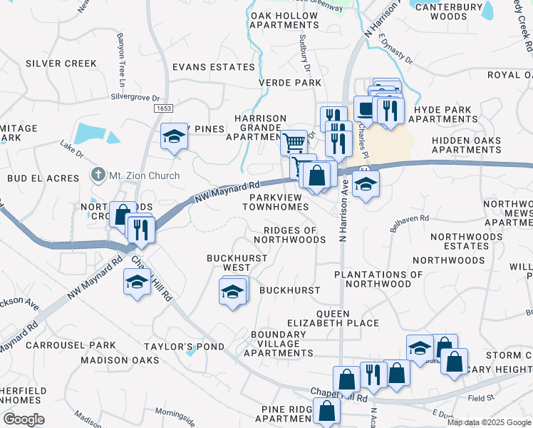map of restaurants, bars, coffee shops, grocery stores, and more near 212 Laurie Lane in Cary