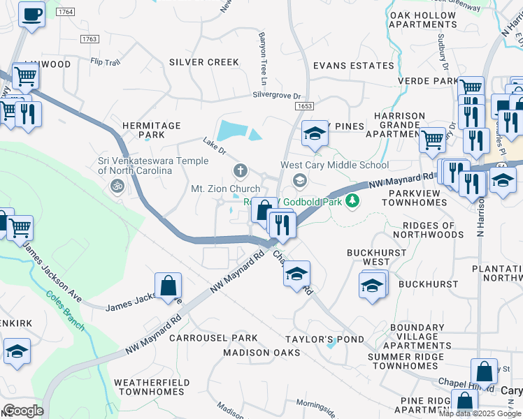 map of restaurants, bars, coffee shops, grocery stores, and more near 501 Ringleaf Court in Cary