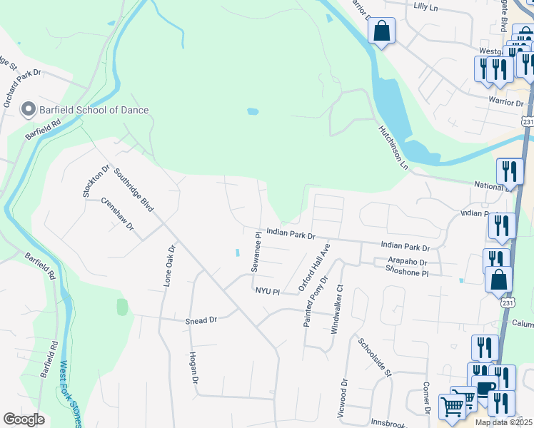 map of restaurants, bars, coffee shops, grocery stores, and more near 2521 Sewanee Place in Murfreesboro