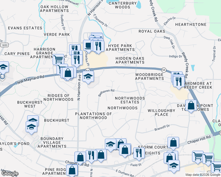map of restaurants, bars, coffee shops, grocery stores, and more near 101 O'Hara Court in Cary
