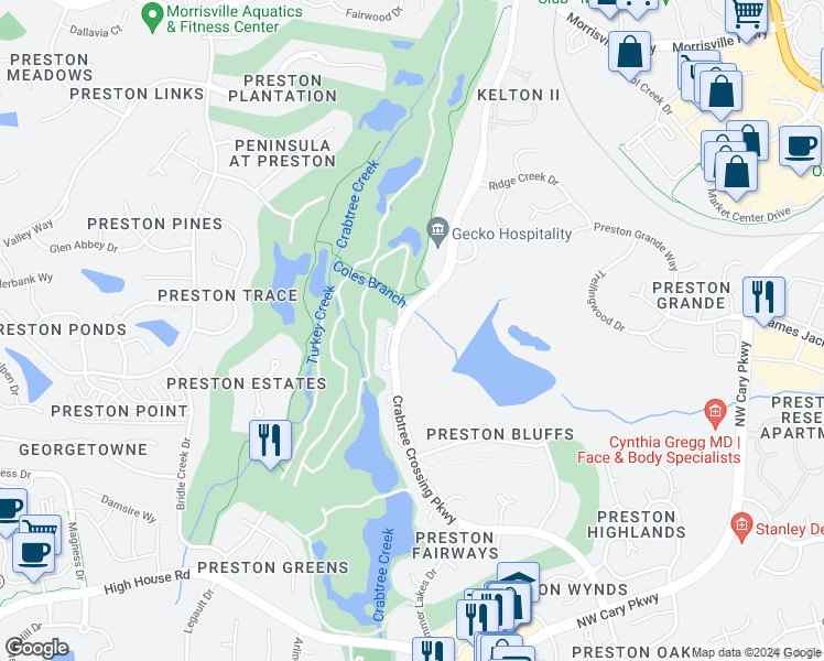 map of restaurants, bars, coffee shops, grocery stores, and more near 770 Crabtree Crossing Parkway in Cary