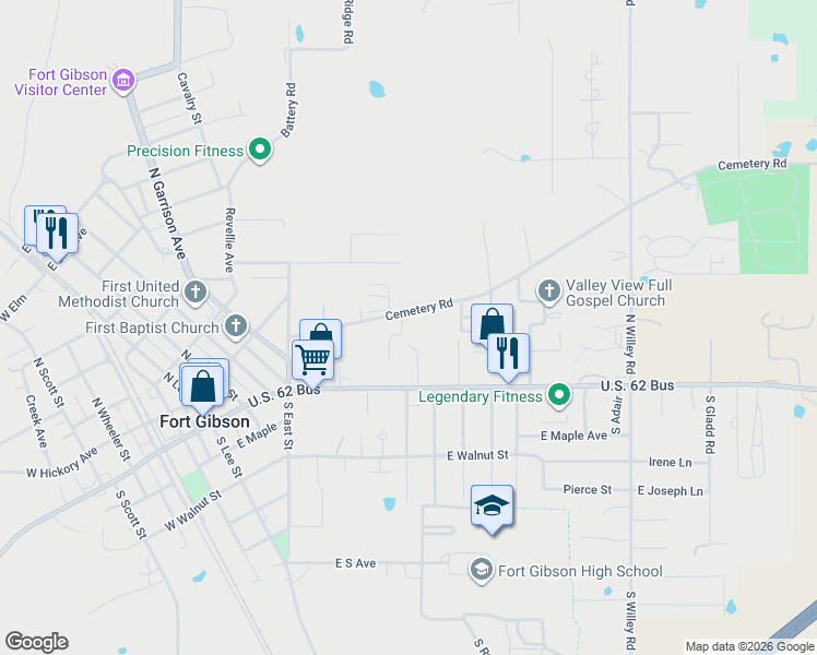 map of restaurants, bars, coffee shops, grocery stores, and more near 204 North Firecracker Lane in Fort Gibson