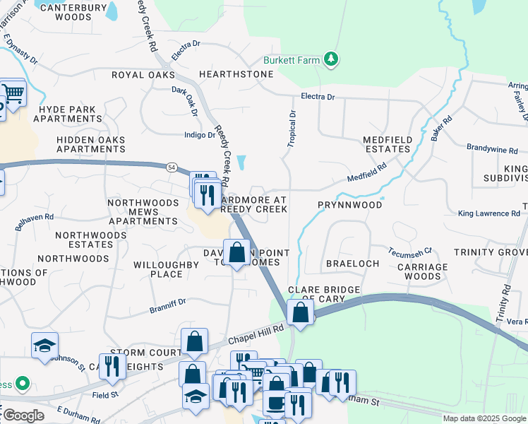 map of restaurants, bars, coffee shops, grocery stores, and more near Kylemore Circle in Cary