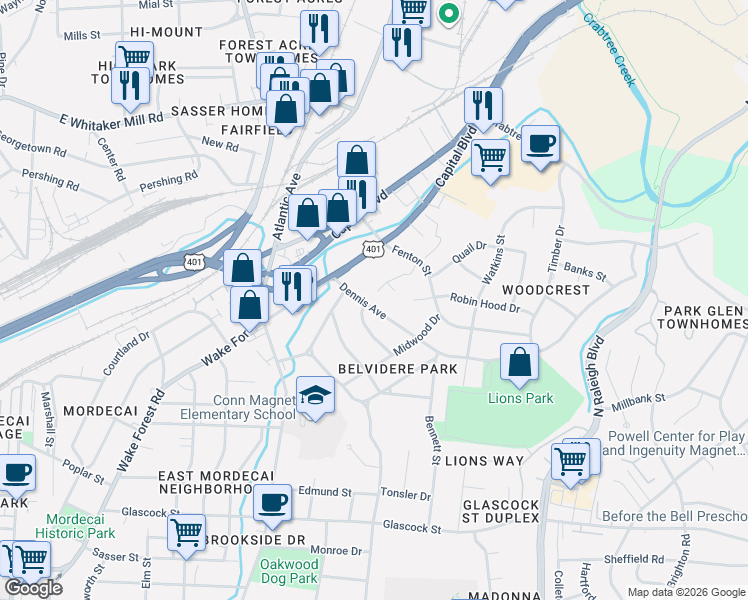 map of restaurants, bars, coffee shops, grocery stores, and more near 112 Dennis Avenue in Raleigh
