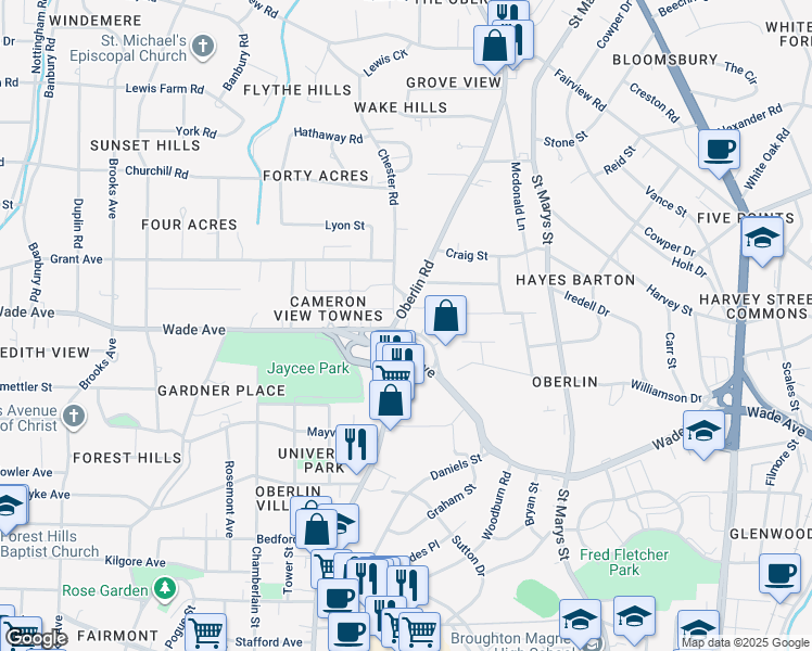 map of restaurants, bars, coffee shops, grocery stores, and more near 1217 Oberlin Road in Raleigh