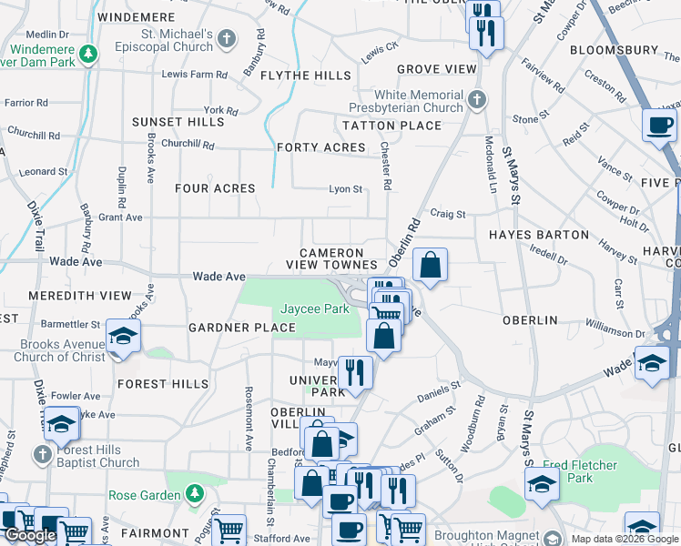 map of restaurants, bars, coffee shops, grocery stores, and more near 1305 Canfield Court in Raleigh