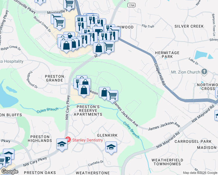 map of restaurants, bars, coffee shops, grocery stores, and more near 151 Towerview Court in Cary