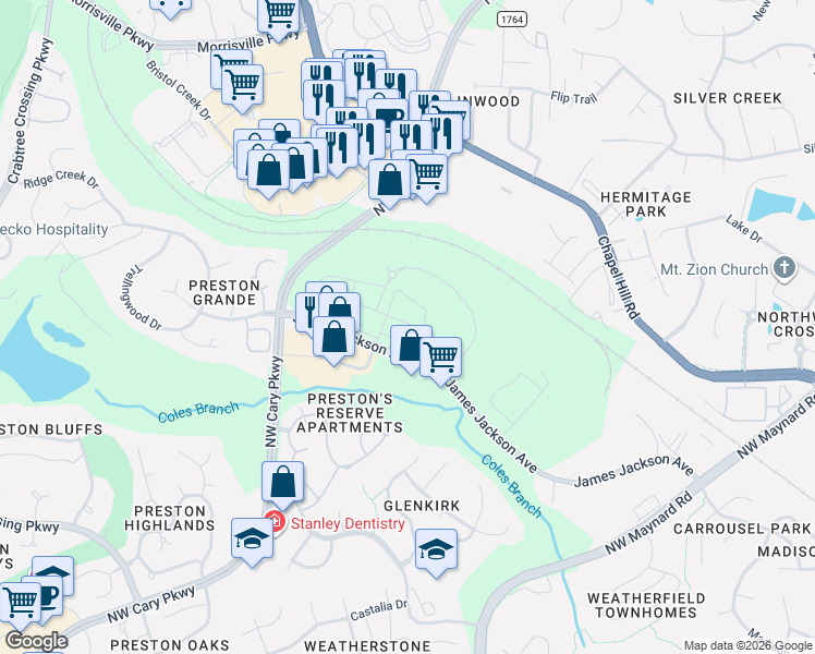map of restaurants, bars, coffee shops, grocery stores, and more near 551 James Jackson Ave in Cary