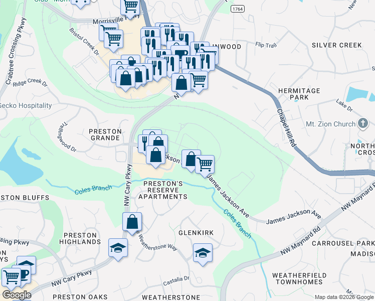 map of restaurants, bars, coffee shops, grocery stores, and more near 551 James Jackson Ave in Cary
