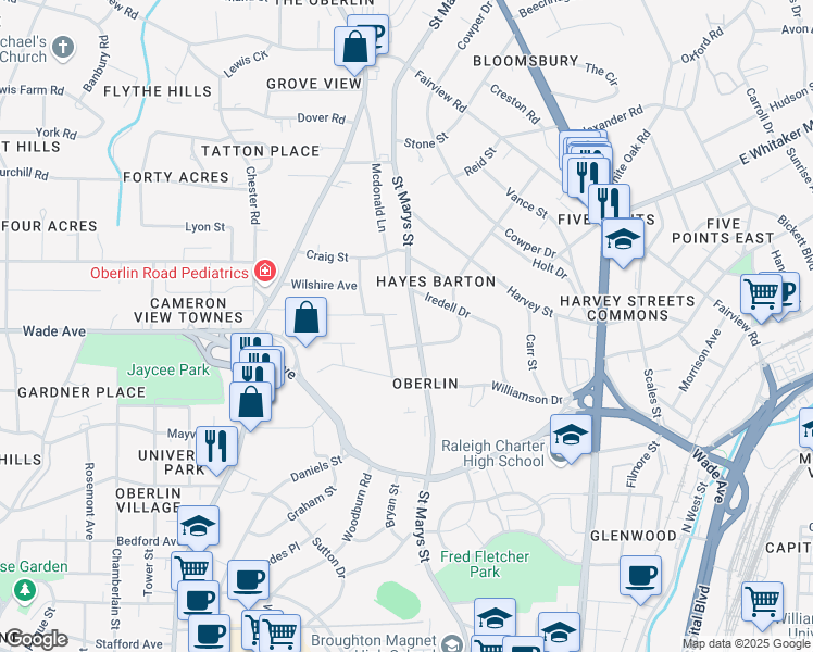 map of restaurants, bars, coffee shops, grocery stores, and more near 1619 Saint Marys Street in Raleigh