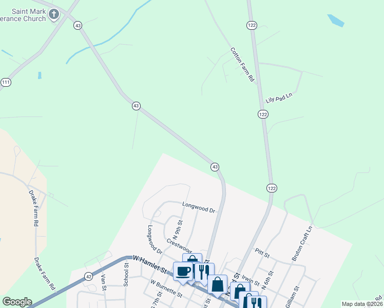 map of restaurants, bars, coffee shops, grocery stores, and more near 2809 North Carolina 43 in Pinetops