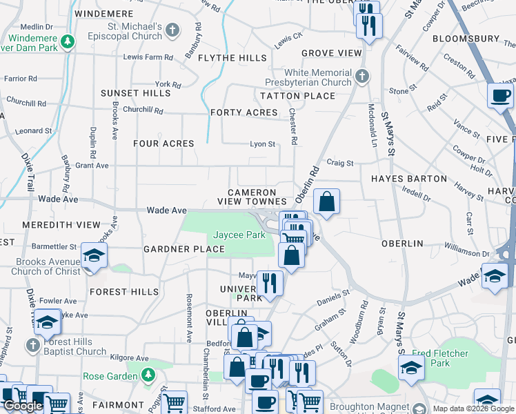 map of restaurants, bars, coffee shops, grocery stores, and more near 1305 Canfield Court in Raleigh