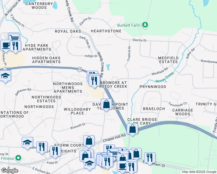 map of restaurants, bars, coffee shops, grocery stores, and more near 103 Aisling Court in Cary