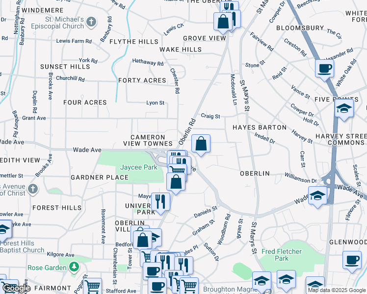 map of restaurants, bars, coffee shops, grocery stores, and more near 1217 Oberlin Road in Raleigh