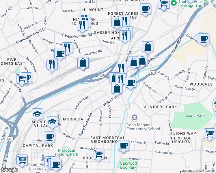 map of restaurants, bars, coffee shops, grocery stores, and more near 1700 Raney Court in Raleigh
