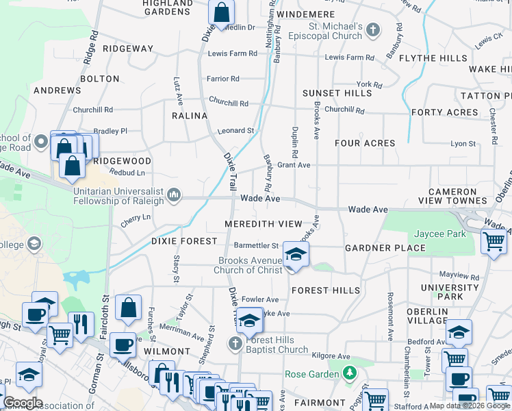 map of restaurants, bars, coffee shops, grocery stores, and more near 3009 Wade Avenue in Raleigh