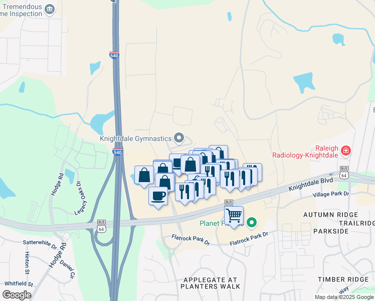 map of restaurants, bars, coffee shops, grocery stores, and more near 1002 Shoppes At Midway Dr in Knightdale