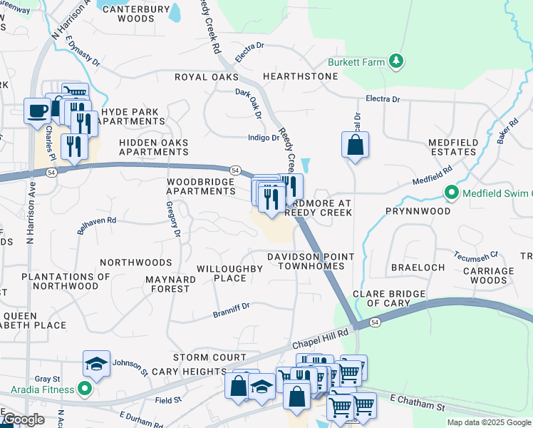 map of restaurants, bars, coffee shops, grocery stores, and more near 900 Northeast Maynard Road in Cary