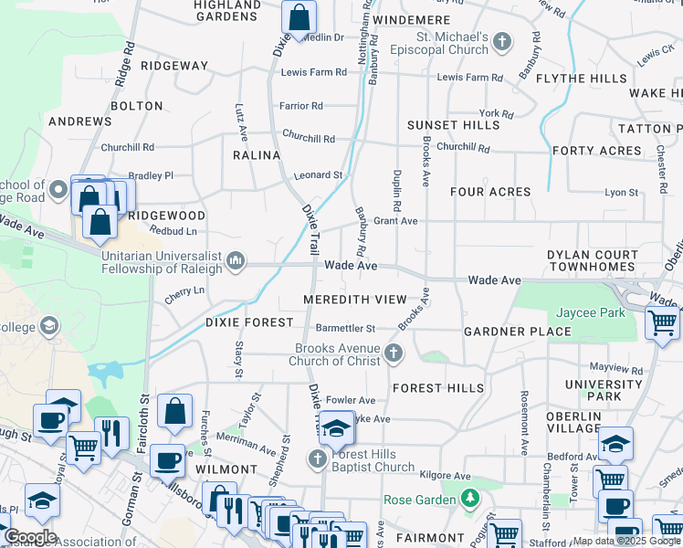 map of restaurants, bars, coffee shops, grocery stores, and more near 3009 Wade Avenue in Raleigh
