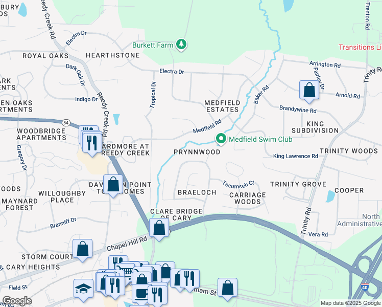 map of restaurants, bars, coffee shops, grocery stores, and more near 113 Prynnwood Court in Cary