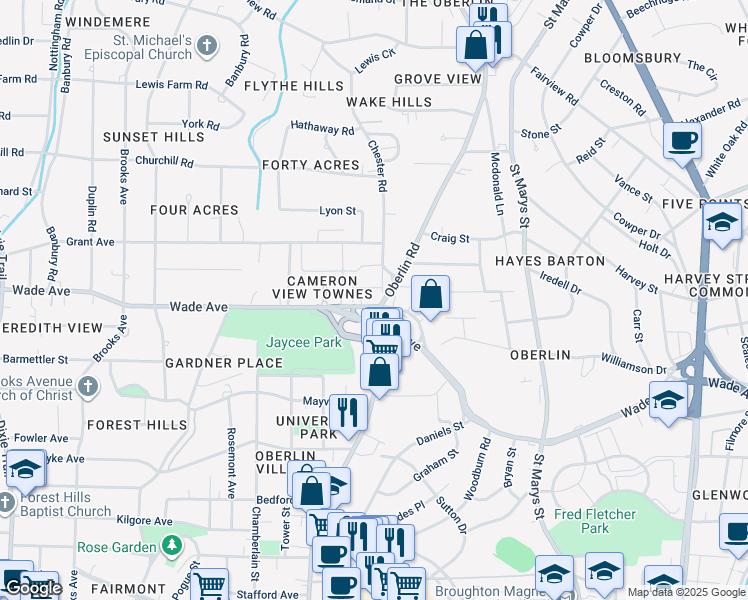 map of restaurants, bars, coffee shops, grocery stores, and more near 1217 Oberlin Road in Raleigh
