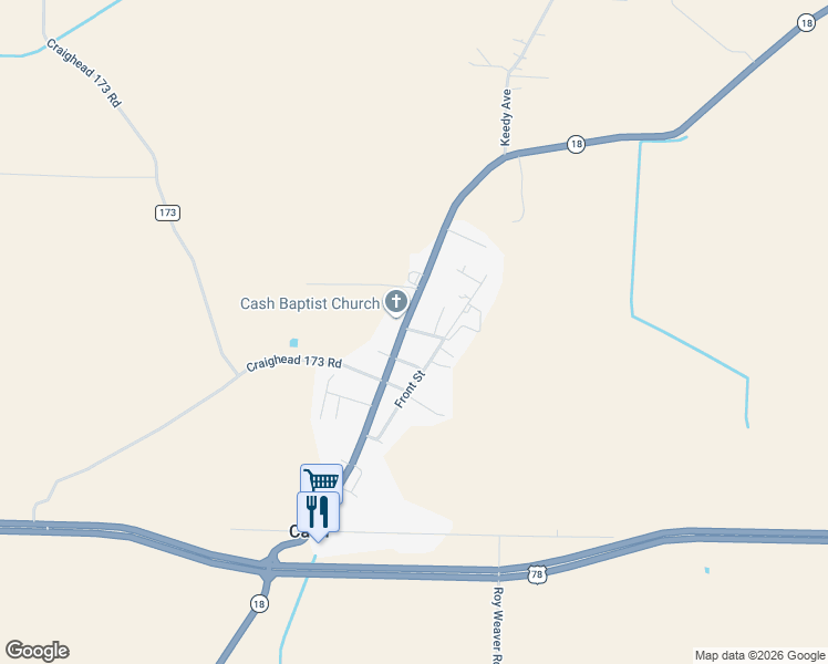 map of restaurants, bars, coffee shops, grocery stores, and more near 4144 Arkansas 18 in Cash