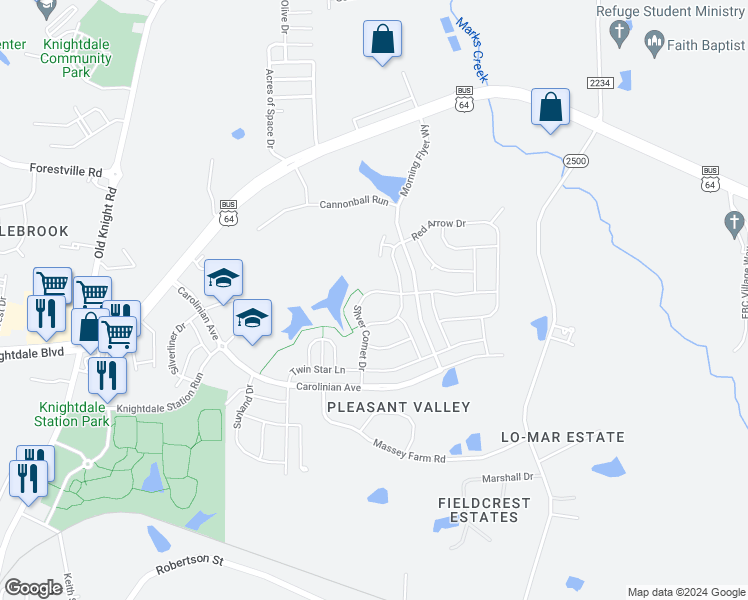 map of restaurants, bars, coffee shops, grocery stores, and more near 636 Silver Comet Drive in Knightdale