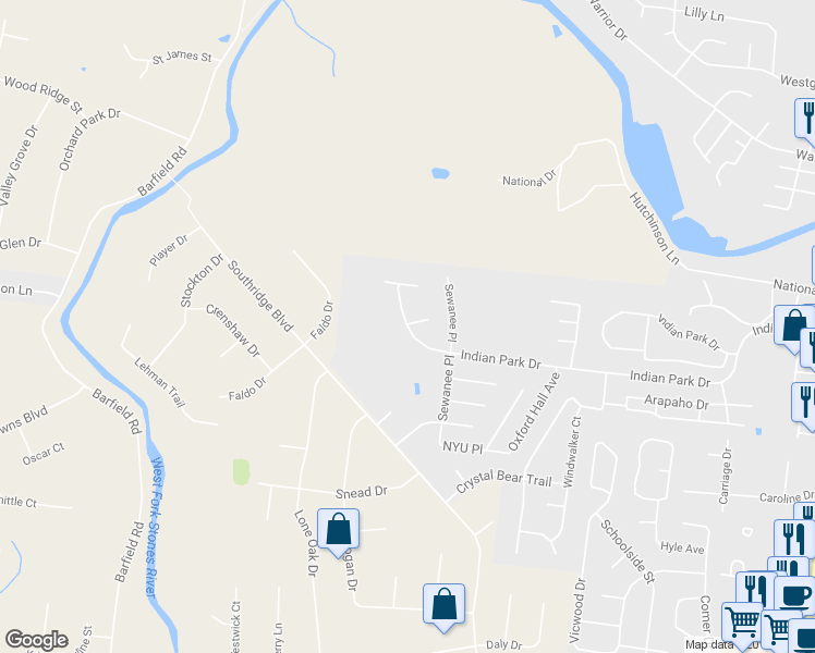 map of restaurants, bars, coffee shops, grocery stores, and more near 618 Indian Park Drive in Murfreesboro
