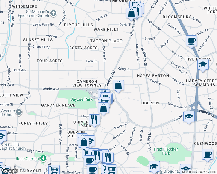 map of restaurants, bars, coffee shops, grocery stores, and more near 1312 Annapolis Drive in Raleigh