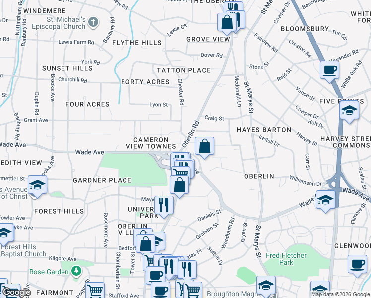 map of restaurants, bars, coffee shops, grocery stores, and more near 1217 Oberlin Road in Raleigh