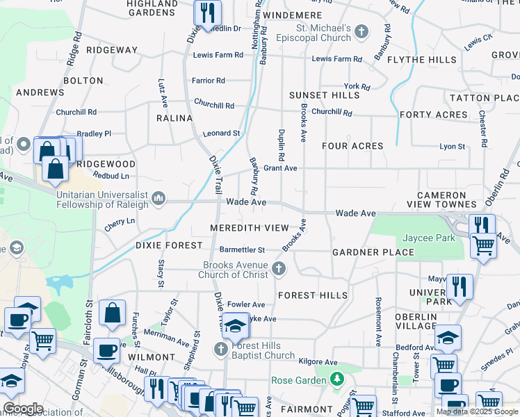 map of restaurants, bars, coffee shops, grocery stores, and more near 2923 Wade Avenue in Raleigh