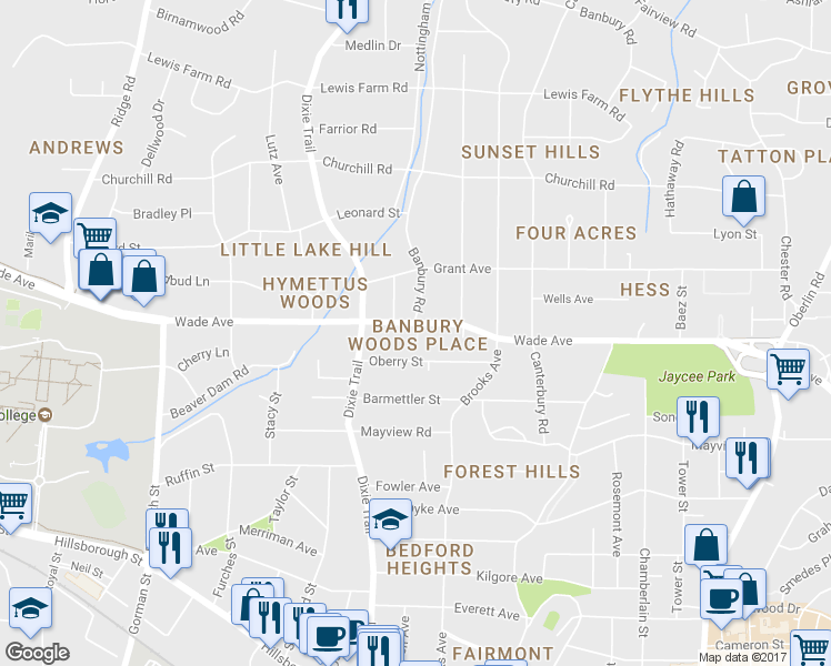 map of restaurants, bars, coffee shops, grocery stores, and more near 2923 Wade Avenue in Raleigh