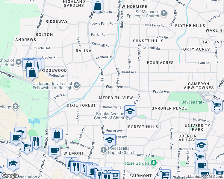 map of restaurants, bars, coffee shops, grocery stores, and more near 3009 Wade Avenue in Raleigh