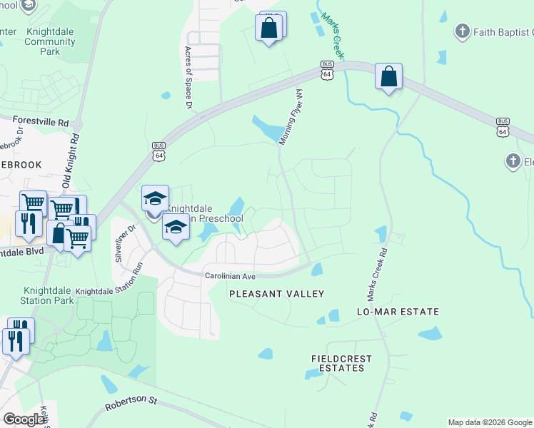 map of restaurants, bars, coffee shops, grocery stores, and more near 636 Silver Comet Drive in Knightdale