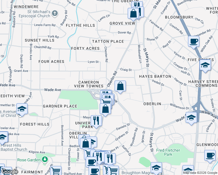 map of restaurants, bars, coffee shops, grocery stores, and more near 1217 Oberlin Road in Raleigh