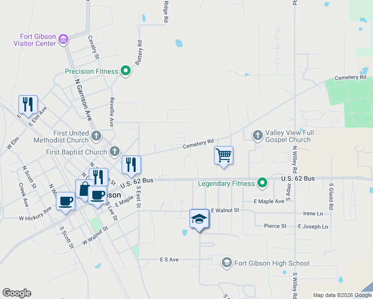 map of restaurants, bars, coffee shops, grocery stores, and more near 204 North Firecracker Lane in Fort Gibson