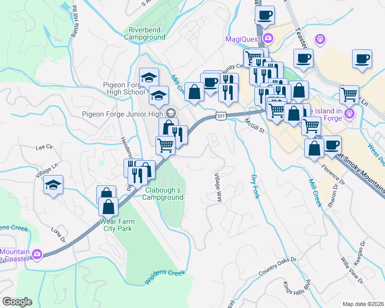 map of restaurants, bars, coffee shops, grocery stores, and more near 2645 Valley Heights Drive in Pigeon Forge