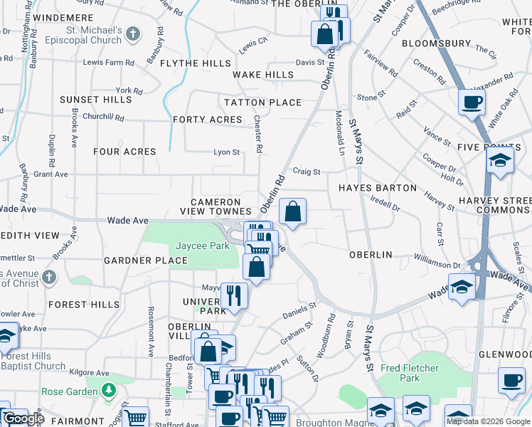 map of restaurants, bars, coffee shops, grocery stores, and more near 1217 Oberlin Road in Raleigh