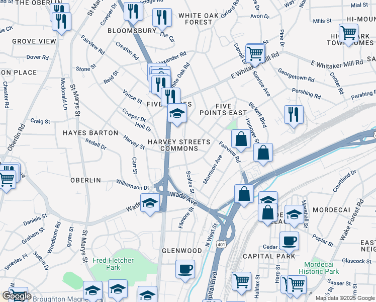 map of restaurants, bars, coffee shops, grocery stores, and more near 1509 Scales Street in Raleigh